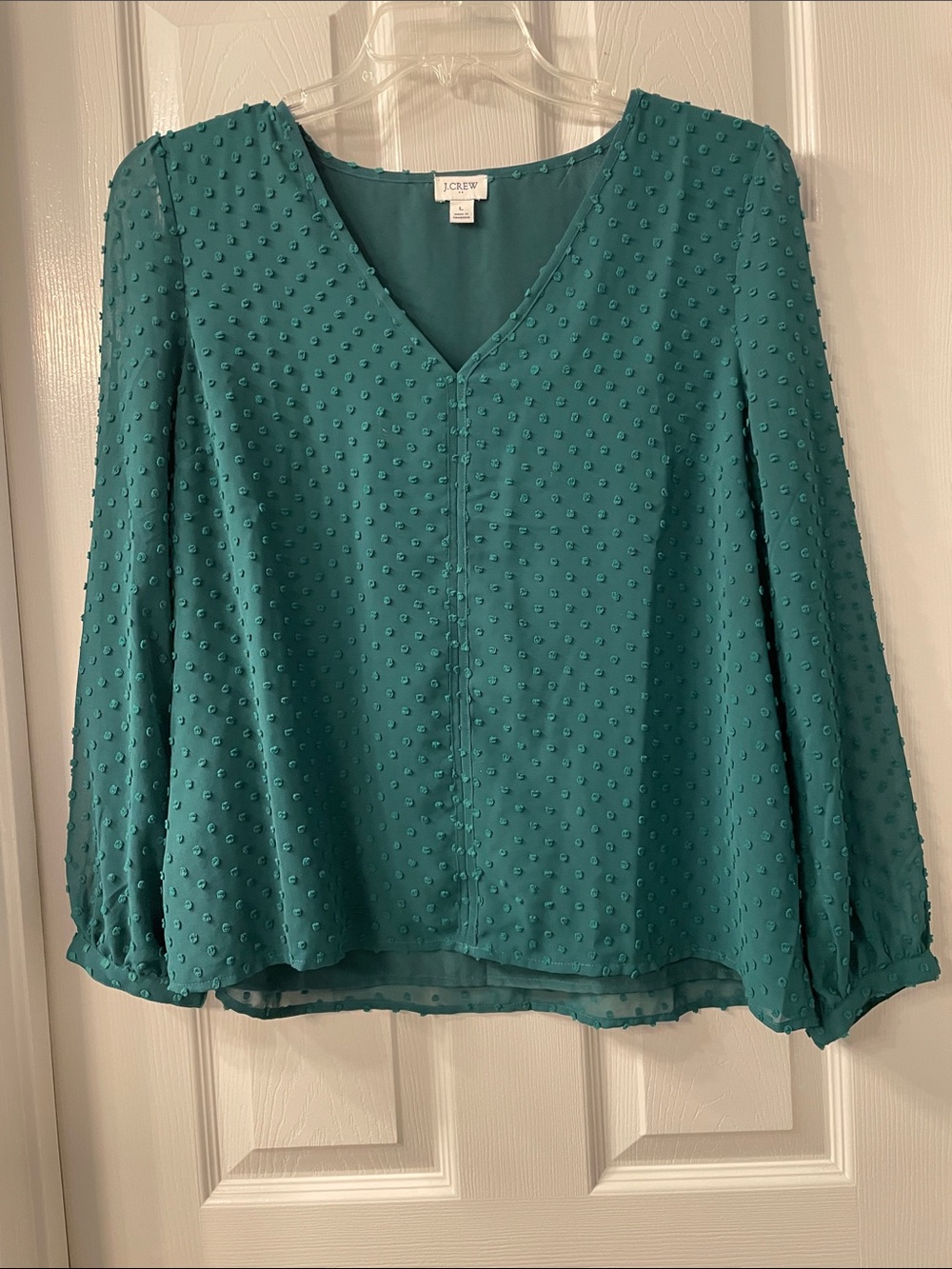 J. Crew Teal Swiss Dot V-Neck Blouse